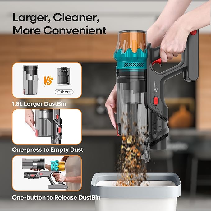 ElecKeys Cordless Vacuum Cleaner, 600W 50KPA 70Mins Self-Standing Vacuum Cleaners for Home, Stick Vacuum with Touch Screen, Upgraded Anti-Tangled Vacuum Cordless for Pet Hair, Floors, Carpets, Gold