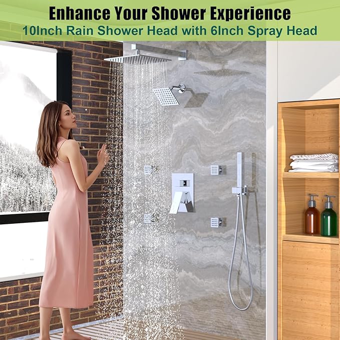 Enga Dual Shower Head Shower System with Body Jets, Wall Mount 10+6" Dual Rain Shower Head with 2 in 1 Handheld Spray for Two People, Shower Faucet Set with Valve Kit, Chrome