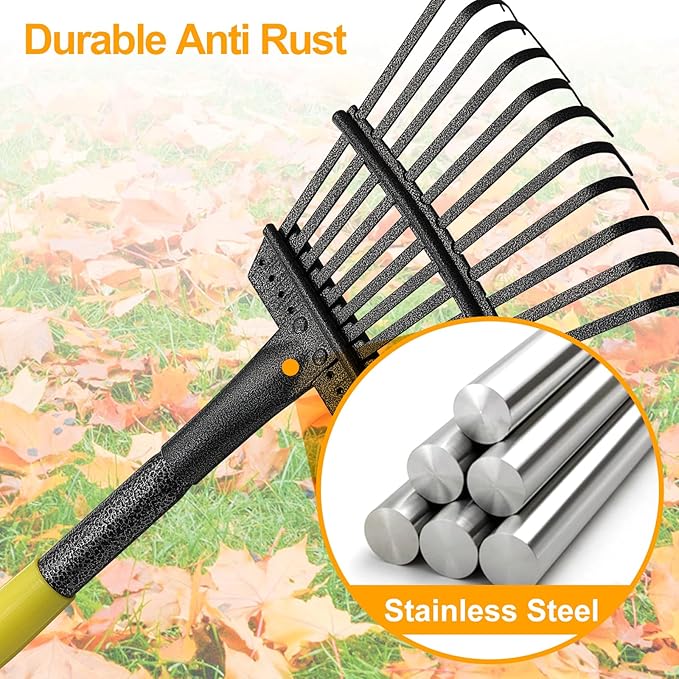 60" Leaf Rake- 11 Metal Tines 8.5" Wide- Small Leaves Rakes for Gardening- Adjustable Metal Leaf Rake for Picking Leaves,Grass Clippings Garbage