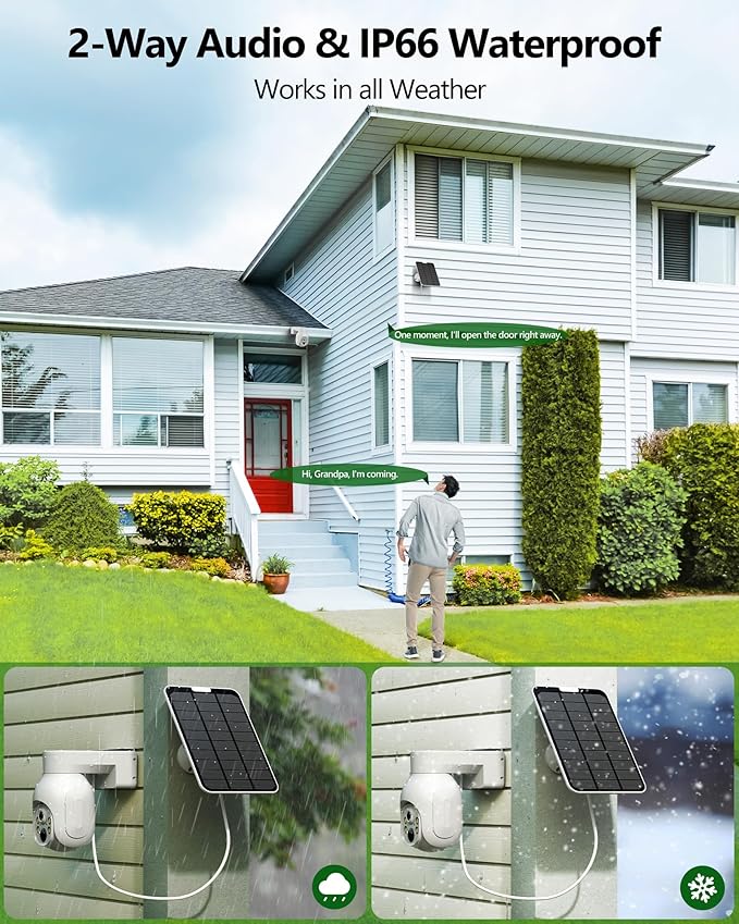 Camcamp Solar Security Cameras Wireless Outdoor, 2K Wireless Battery Security System with 10CH NVR & 500GB HDD, PTZ, Color Night Vision, IP66 Waterproof, Motion Alert, Work with Alexa, 0 Monthly Fee