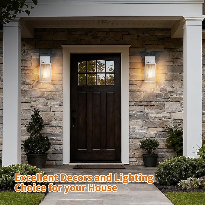 2 Pack White Exterior Lighting Fixtures Wall Mount, Outside Front Porch Lights for House, Outdoor Lantern Lamp, Waterproof Wall Sconce Lights, Coach Light for Garage Entryway