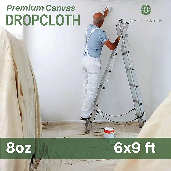 Canvas Drop Cloth by Salt Earth, Pack of 1 Reusable Paint Drop Cloth, 100% Recycled Cotton, All Purpose Painters Drop Cloth, Cotton Canvas Tarp Cover for Painter Furniture & Floor Protection (6x9 FT)