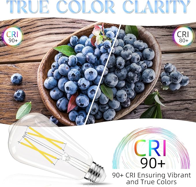 Edison Bulbs, E26 LED Bulb 60 watt Equivalent, Non-Dimmable, Cool White 4000K, ST58 Vintage Light Bulbs, 90+ CRI, 6W, 600LM, E26 Medium Base, Clear Glass, 12 Pack