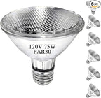 PAR30 Short Neck Halogen Flood Light Bulbs, 120V 75W PAR30 Light Bulb, Dimmable, High Output, E26 Medium Base, 2700K Warm Lighting, 3000 Hours for Recessed Light Bulb(6 Pack)