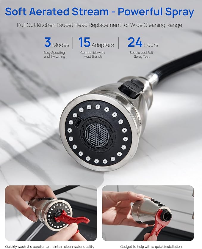 J-HVA Kitchen Faucet Sprayer Head Replacement with 15 Adapters (UPDATED) - Pull Down Kitchen Sink Faucet Spray Nozzle Head Replacement 3-Function Tap Spray Head for Kitchen Sink, Brushed Nickel