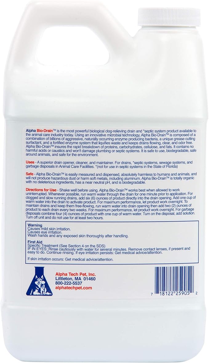 ALPHA BIO-DRAIN - Enzyme-Based Maintenance to Help Prevent Clogs and Reduce Odors from Pet Waste, Grease, Hair in Drains and Septic Systems - ½ Gallon by Alpha Tech Pet