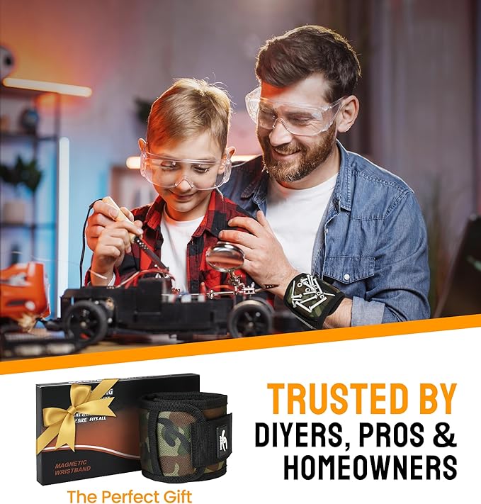 HiRui Magnetic Wristband for Tools – Ultra-Strong 15 Neodymium Magnets Hold Screws, Nails & Bits, Dual Pockets – Hands‑Free for DIY, Home Repairs, Auto – Gift‑Ready for Dad, Husband, Grandpa (CAMO)