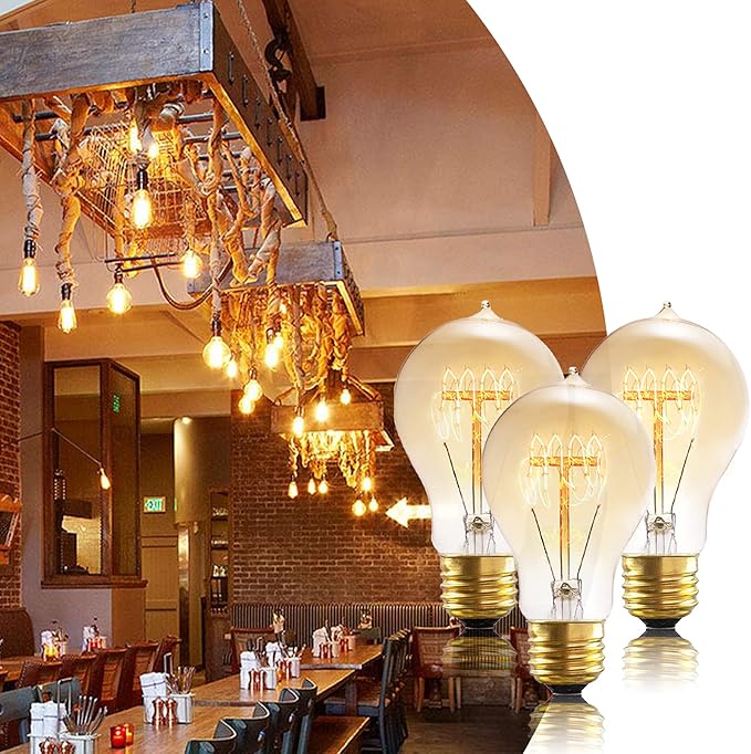 A19 Incandescent Light Bulbs 60 Watt,120v Edison Bulbs Dimmable 2200k Warm Yellow E26 Base, Antique Retro Style Incandescent Bulb, Amber Glass Squirrel Cage Filament Decorative Lamp, 6Pack