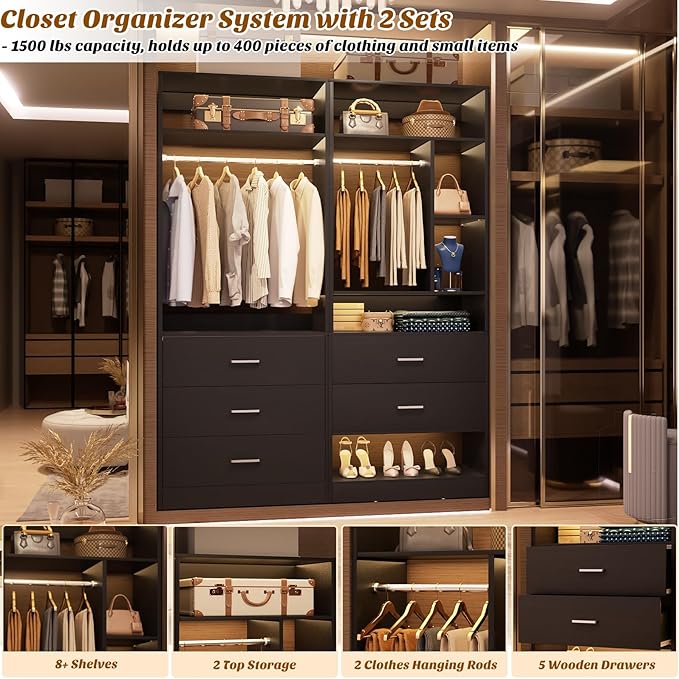 4FT Closet Systems with 5 Wood Drawers, 48 Inch Closet Organizer System with 2 Hanging Rods & 7 Shelves, Heavy Duty 48" Walk-in Closet, Black (48"L x 15" W x 80" H)