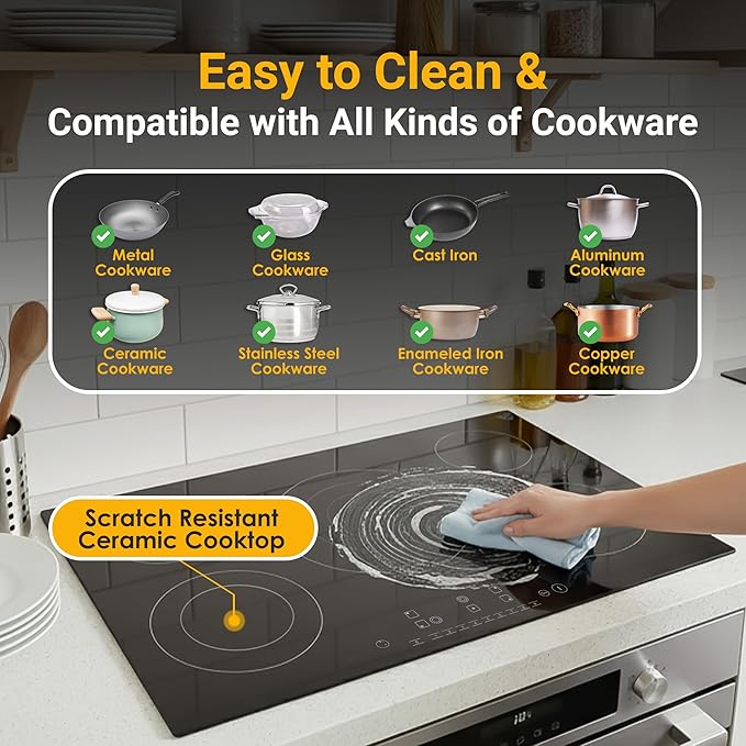 K&H 5 Burner 36 Inch Built-in Electric Stove Top Radiant Ceramic Cooktop Touch Control 240V 9600W CE36-10208