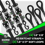 Rhino USA Ratchet Straps Heavy Duty Kit (4-Pack) - 1.6 Inch x 8 Feet (5,208lb Break Strength) - Ultimate Tie Down Straps with Safety S Hooks for Trucks, ATV, UTV, Motorcycle, Cargo & More - Black