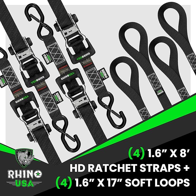 Rhino USA Ratchet Straps Heavy Duty Kit (4-Pack) - 1.6 Inch x 8 Feet (5,208lb Break Strength) - Ultimate Tie Down Straps with Safety S Hooks for Trucks, ATV, UTV, Motorcycle, Cargo & More - Black