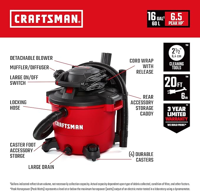 CRAFTSMAN CMXEVBE17607 16 Gallon 6.5 Peak HP Wet/Dry Shop Vac with Detachable Leaf Blower, Portable Shop Vacuum Wet and Dry with Filter, Dust Bag, Hose and Attachments for Garage, Outdoor Cleaning