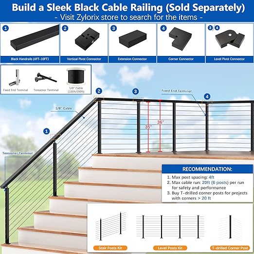 36" T304 T-drilled Cable Railing Corner Post(Post 35"x2"x2"), Three Sides Wire Railing Post with Cable Grommets, Fixed Top Mount Stainless Steel Black Finish Deck Staircase Post