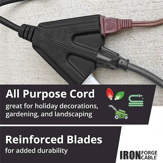 Iron Forge Cable 2 Pack 10 Ft Black Extension Cord with 3 Outlets - 16/3 SJTW 10 Foot Extension Cord 3 Prong, Weatherproof Power Cable for Outdoor