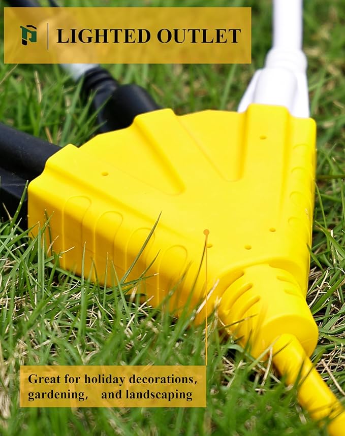 PLUGTUL 2FT Outdoor Extension Cord with Multiple Outlets, 14 Gauge, 3-Outlet, SJTW, 15A 14AWG 1875W SJTW, ETL Listed - Great for Garage, Garden and Home, Yellow