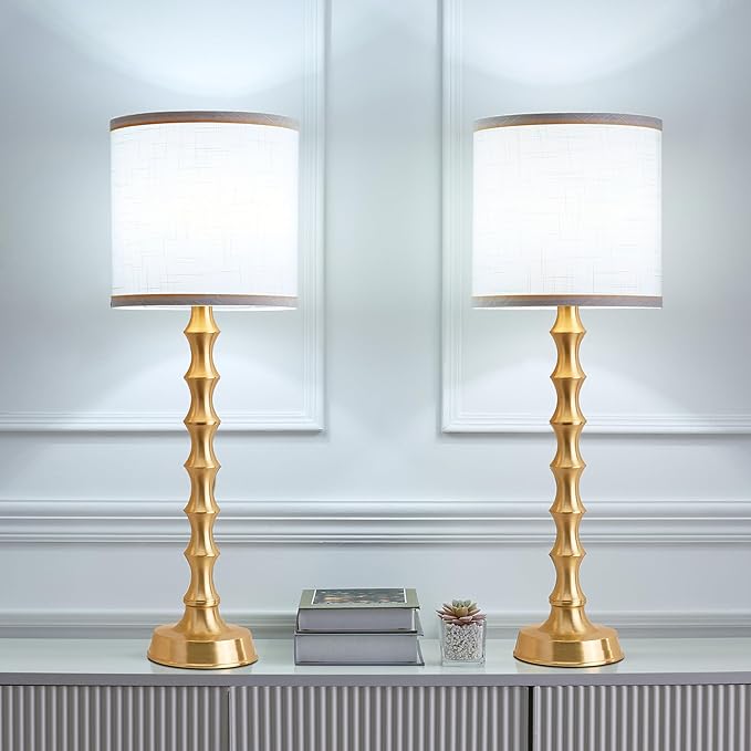 Set of 2 Gold Table Lamps, 30.5" Electroplated Gold Bamboo Base with White Linen Shade, Tall Buffet Lamps for Dining Room, Living Room, Bedroom Decor