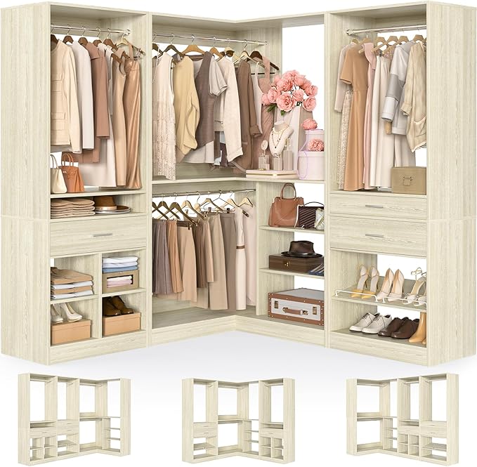 Unikito 86" Corner Closet System, Modular Closets Organizer with 4 Hanging Rods and Storage Shelves, Freestanding Wood Clothes Garment Rack with Drawers, Sturdy Walk in Closet Tower, White Oak