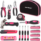CARTMAN 52 Piece Tool Set Hand Tool Set with Easy Carrying Round Pouch - Perfect for DIY Pink