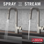 Delta Junction Brushed Nickel Kitchen Faucet with Pull Down Sprayer, Modern Single Hole Kitchen Sink Faucet, Single Handle, Spotshield Stainless 19825LF-SP