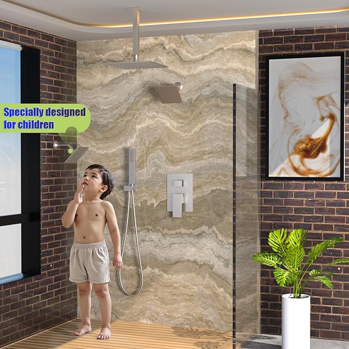 Enga 10 Inch + Dual 6-Inch Rain Shower System, Four Modes Diverter Shower Faucet with Handheld, Luxury Rain Mixer Shower Combo Set, Brushed Nickel