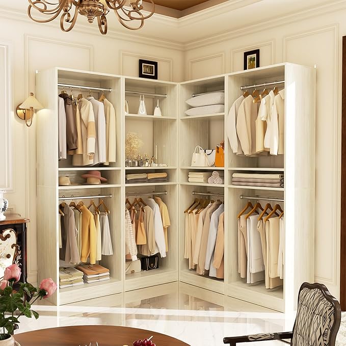 Unikito 100” Closet System, 8.3FT Wood Closet Storage Organizer with 8 Hanging Rods, Adjustable Large Walk in Wardrobe Closet Tower, Sturdy Clothes Garment Rack, Easy Assembly, Set of 4, White Oak