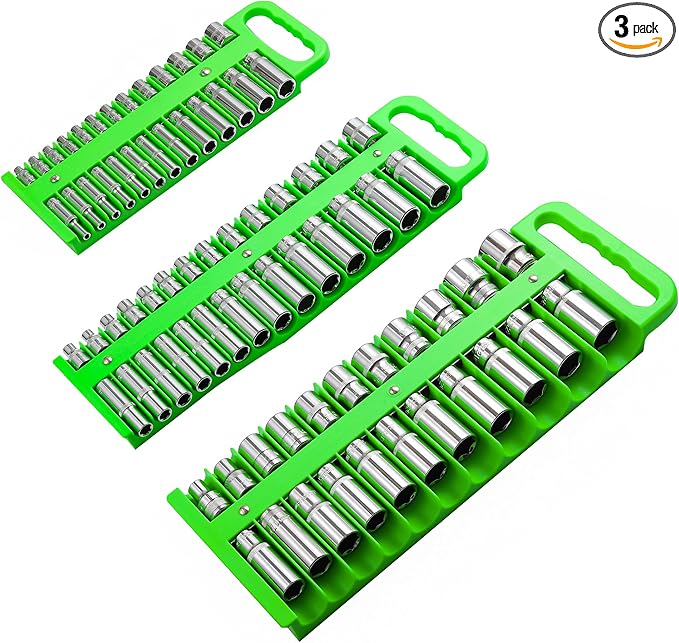 Magnetic Socket Organizer Set, 3-Piece Green Portable Magnetic Socket Holder Tray, Heavy Duty Socket Racks For 1/2-inch& 3/8-inch& 1/4-inch Drive, Hold 76 Sockets - Fit Shallow&Deep Sockets