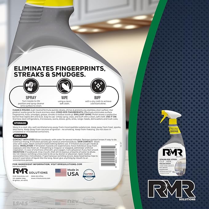RMR Stainless Steel Cleaner and Polish - Protects Appliances from Fingerprints, Heavy-Duty Scratch and Streak-Free Formula for Refrigerator, Dishwasher, Oven, Grill, 30-Ounce Bottle