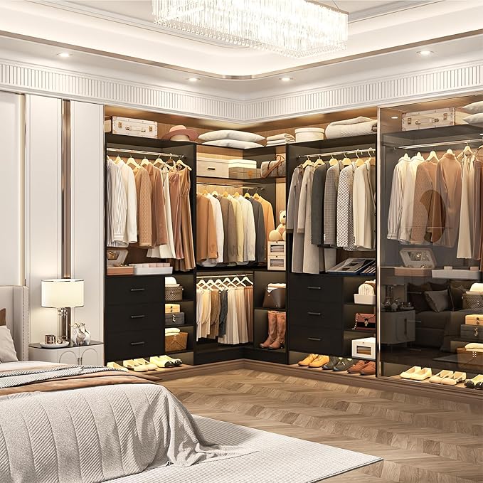 Aheaplus Closet System with 6 Drawers, 4 Hanging Rods & Corner Tower, Corner Closet System with Hanging,92.6" L-Shaped Walk-In Wardrobe Organizer, 2000+ lbs Capacity, Set of 3, Black