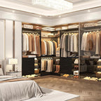 Aheaplus Closet System with 6 Drawers, 4 Hanging Rods & Corner Tower, Corner Closet System with Hanging,92.6" L-Shaped Walk-In Wardrobe Organizer, 2000+ lbs Capacity, Set of 3, Black