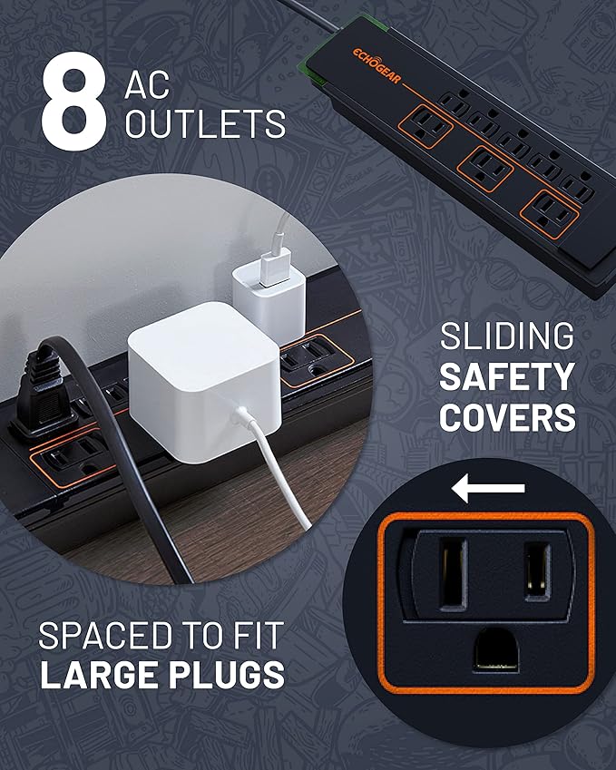 ECHOGEAR ShockBlocker 8 Outlet Surge Protector Power Strip - Slim Design Can Power & Protect Your Entire TV, Office, Or Gaming Setup - Advanced Surge Suppressor with 3420 Joules of Protection