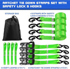 Ratchet Tie Down Straps Set Heavy Duty 4 Pack 10 FT 4400 LB 1.5 Inch Motorcycle Tie Down Strap for Cargo/Pickup Truck Bed Toolbox Accessories,Moving Stuff,Dirtbike,Roof Rack Tie Downs Kit Ropes-Green