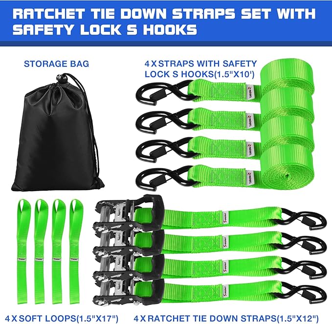 Ratchet Tie Down Straps Set Heavy Duty 4 Pack 10 FT 4400 LB 1.5 Inch Motorcycle Tie Down Strap for Cargo/Pickup Truck Bed Toolbox Accessories,Moving Stuff,Dirtbike,Roof Rack Tie Downs Kit Ropes-Green