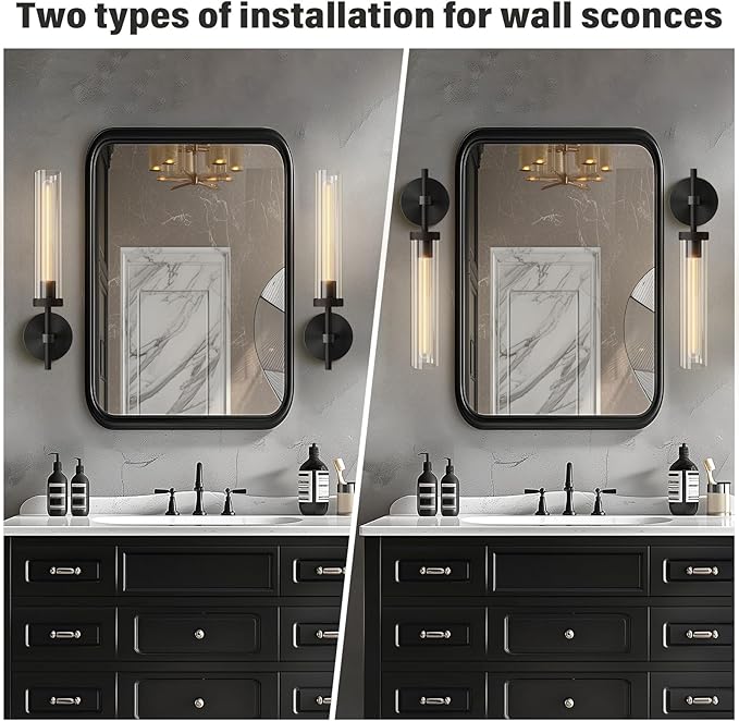 Black Wall Sconces 19.48'' Knurled Texture Indoor Wall Light Fixtures, Bathroom Vanity Light Fixtures with Clear Glass, Modern Wall Lamp for Bathroom Living Room Bedroom Hallway