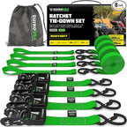 Rhino USA Ratchet Straps Heavy Duty Kit (4-Pack) - 1.6 Inch x 15 Feet (5,208lb Break Strength) - Ultimate Tie Down Straps with Safety S Hooks for Trucks, ATV, UTV, Motorcycle, Cargo & More - Green