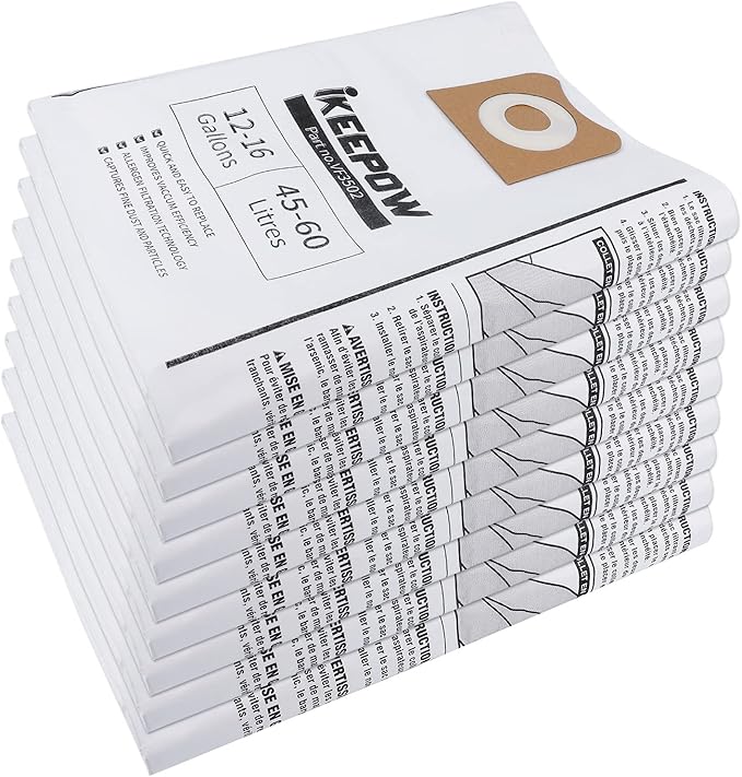 VF3502 Shop Vac Bags Compatible with Ridgid Wet Dry Vacuum, 12-16 Gallon High Efficiency Dust Bags (9 Pack)