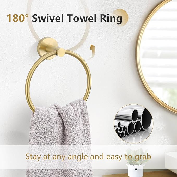 TNOMS 5-Piece Towel Bar Set Brushed Gold Bathroom Hardware Accessories Set Include 23.6in Towel Bar Toilet Paper Holder Towel Ring Upgraded Towel Hooks Towel Holder Set Stainless Steel Wall Mounted
