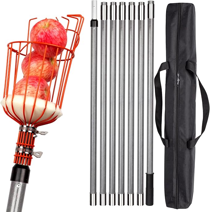 Walensee 23FT Fruit Picker, Adjustable Fruits Picker Tool with Fiberglass Pole, Big Basket and Storage Bag, Fruit Catcher Equipment Tree Picker for Lemons Apples Mango Orange Avocados Fruit Picking