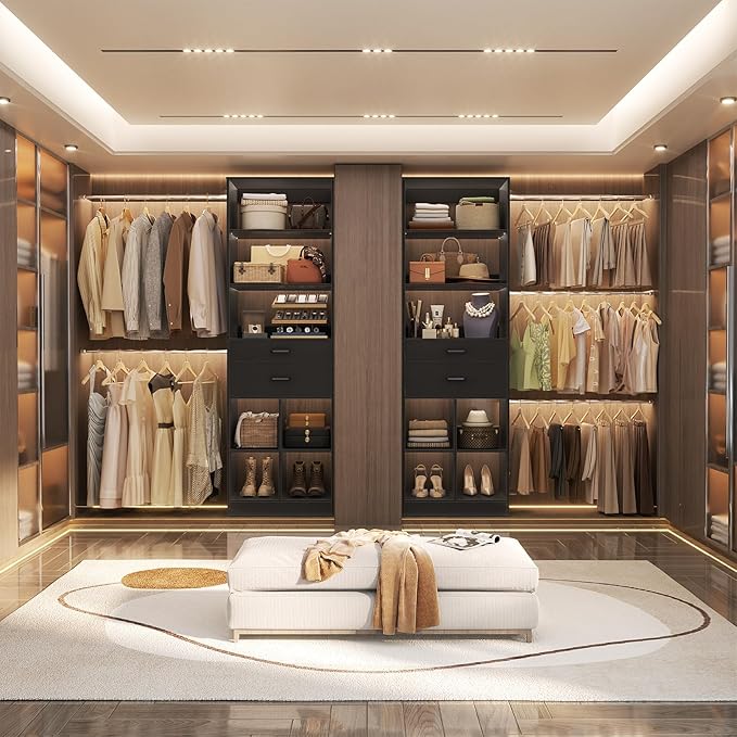 Closet System, 4-8 FT Closet Organizer Tower with 2 Wooden Drawers and Shelves, Can Fit 60 to 96 inch Walk-in Closet System with 5 Hang Rods, Built-in, Black