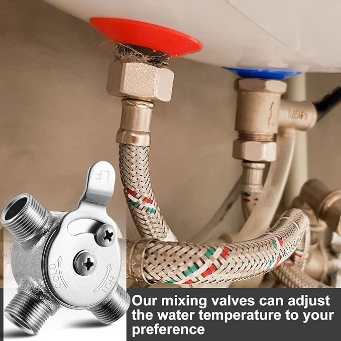 2 Pieces 3/8" Manual Mixing Valve Hot Cold Water Temperature Mixer Thermostatic Mixing Valve for Home and Bathroom Below Deck to Adjust Water Temperature, 4 Braided Faucet Connector Included