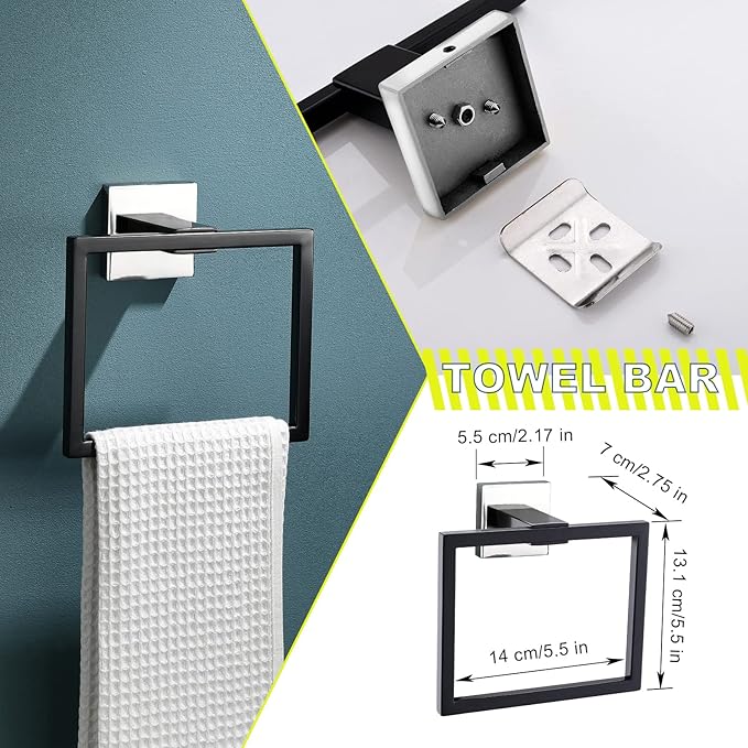 Bathroom Towel Bar Holder Sets Black and Polished 4-Piece Bathroom Hardware Set Stainless Steel Bath Accessories Kit. Wall Mounted,23.6 Inch