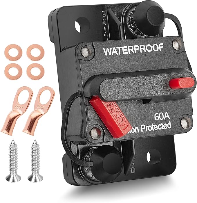 RED WOLF 60 Amp Circuit Breaker W/Ring Terminal 6 Gauge Connector Manual Reset Switch for Boat Trolling Motor Marine ATV Trailer Vehicles Stereo Audio Electronic Battery Solar System Inline Fuse