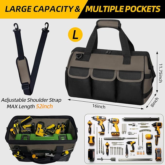 Tool Bag, Portable Tool Box Organizer Adjustable Shoulder Strap, Carry Tool Tote Heavy Duty Tool Storage Bag With Wide Mouth,Tool Bags for Men Mechanic EngineerGift - L, Coffee & Black