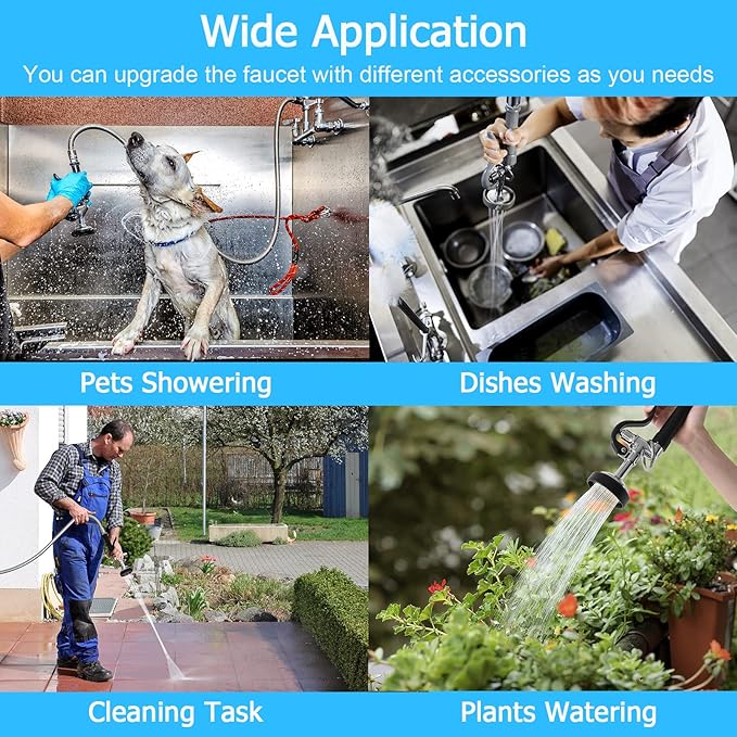 Commercial Faucet with Sprayer 8 Inch Center 25" Height Wall Mount Kitchen Sink Faucet Add On 12" Spout and Pull Down Pre Rinse Sprayer Faucet for 1, 2 or 3 Compartment Sink (Polished Chrome)