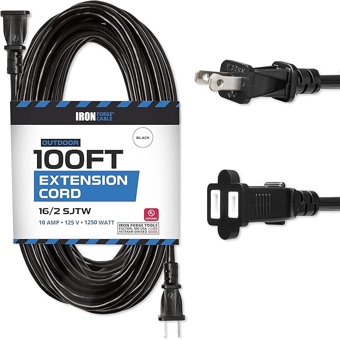 Iron Forge Cable 100 Ft Black Extension Cord, 16/2, 100 Foot Extension Cord with 2 Prong Polarized Plug, Weatherproof - Great for Outdoor & Indoor Use