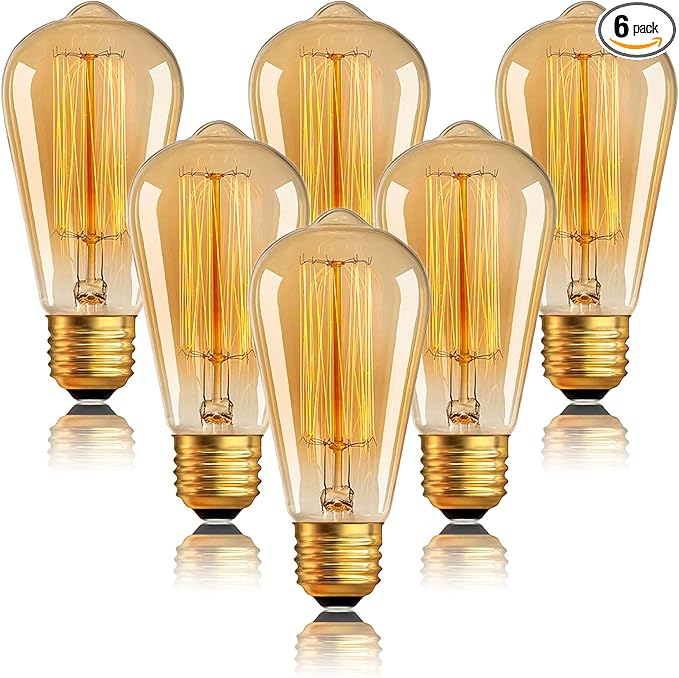 ST64 Edison Bulbs 6 Pack,Amber Vintage Incandescent Light Bulbs 110V 40W 240LM,E26 Base 2200K Dimmable Decorative Antique Squirrel Cage Filament Incandescent Bulb for Chandelier Pendant Lamps