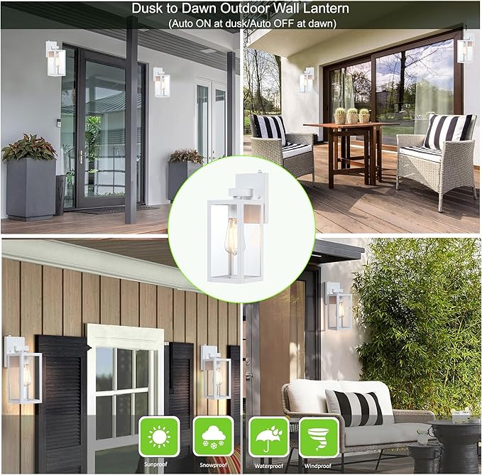 GRUENLICH Dusk to Dawn Large Outdoor Wall Lantern, Wall Sconce as Porch Lighting Fixture, E26 Base Max 60W, Metal Housing with Glass Shade (White, 2-Pack)