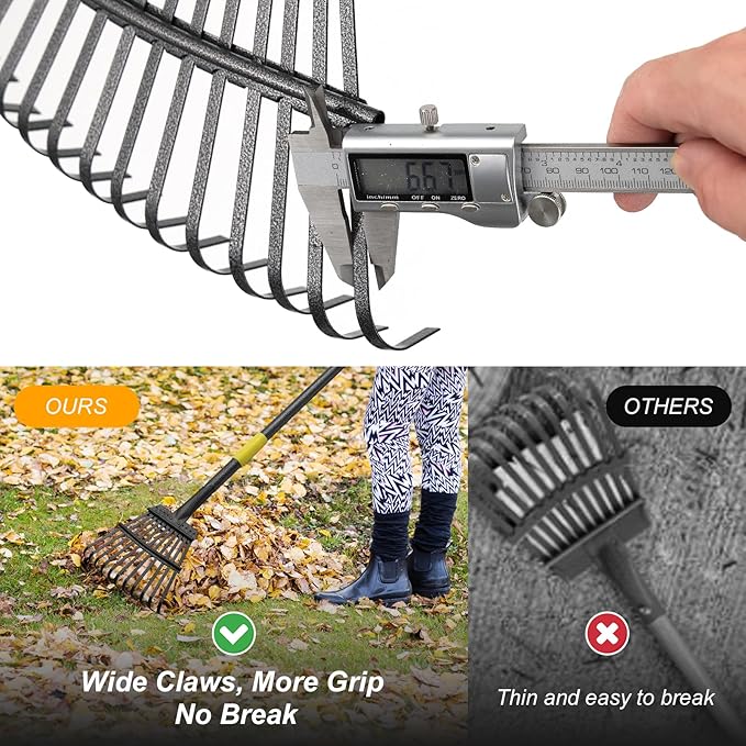 60" Leaf Rake- 11 Metal Tines 8.5" Wide- Small Leaves Rakes for Gardening- Adjustable Metal Leaf Rake for Picking Leaves,Grass Clippings Garbage