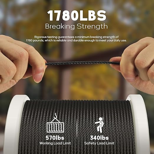 400FT 1/8" T316 Black Stainless Steel Cable, Black Wire Rope Aircraft Cable for Deck Cable Railing Kit, DIY Balustrades, 7x7 Strands Construction, Comes with a Cutter