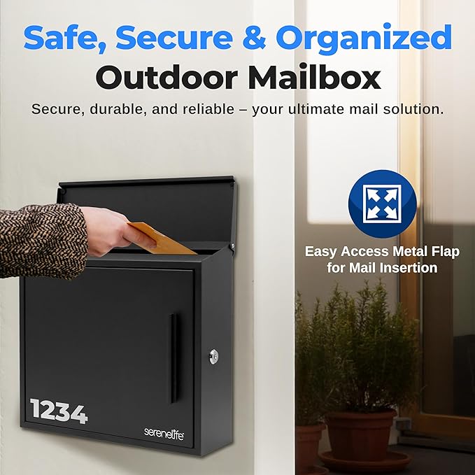 SereneLife Outdoor Wall Mailbox | 0.46 Cubic FT Locking Mailbox | Easy Installation, Secure Lock Mechanism | Ideal for Residential or Commercial Use | Wall Mountable 13.77" x 4.52" x 12.99 | Black